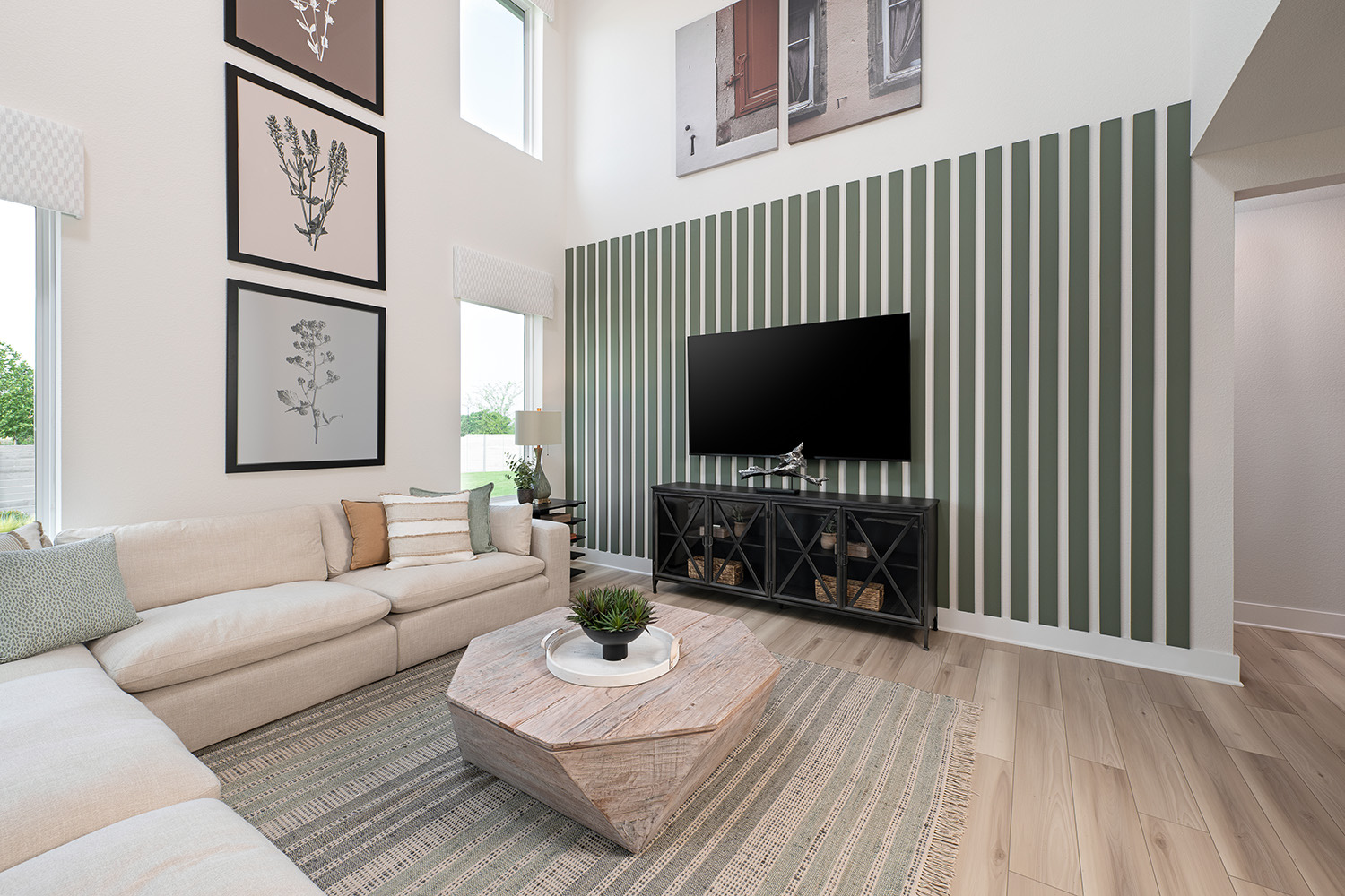 Great room slat feature wall behind media built-in